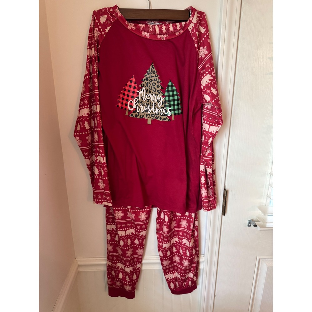 Ekouaer Women Red Merry Christmas Pajama Set Leopard Plaid Tree Size M